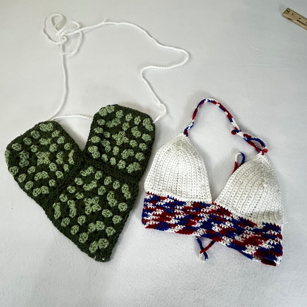 Handmade Crochet Bralette Top Green Granny Square Heart Red White Blue Patriotic